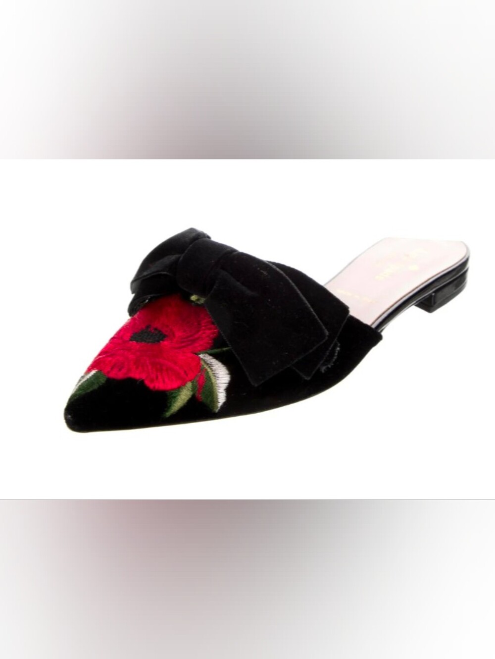 Kate Spade Made In Italy Black Velvet Slide Mules Red Floral Embroidery 7.5M